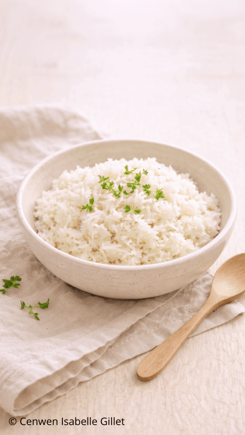 Bol de riz blanc, photo minimaliste illustrant des recettes économiques pour fin de mois difficiles