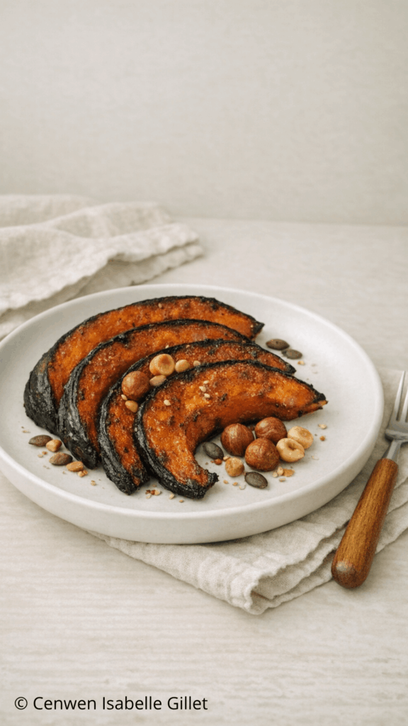 Kabocha confit au four, courge japonaise rôtie fondante et légèrement caramélisée, recette sucrée-salée facile au four.