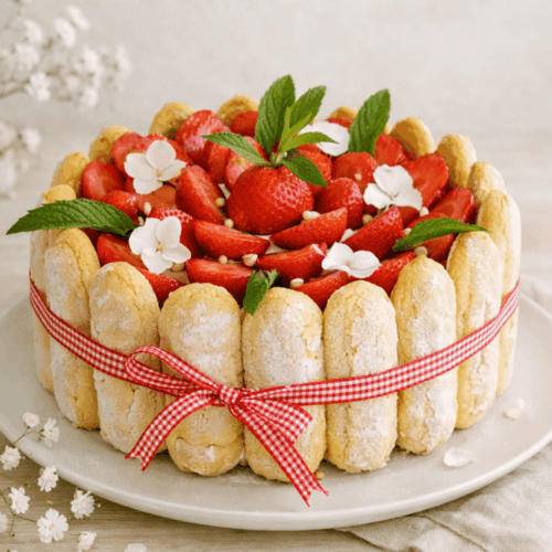 Gâteau charlotte aux fraises fraîches et biscuits à la cuillère avec un ruban rouge et blanc sur un plat de service