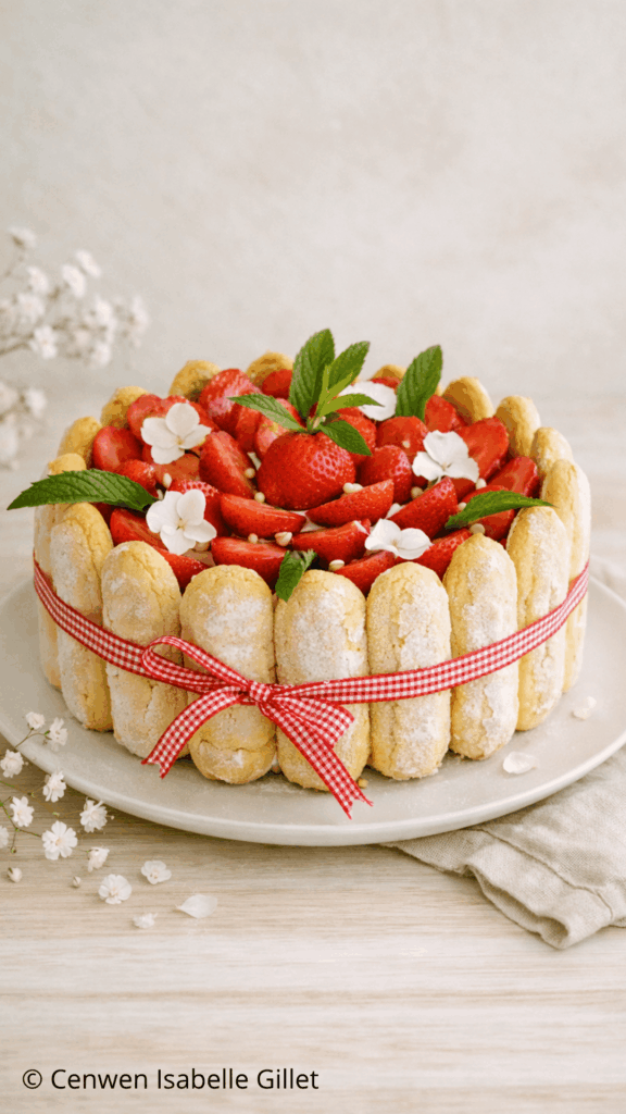 Gâteau charlotte aux fraises fraîches et biscuits à la cuillère avec un ruban rouge et blanc sur un plat de service