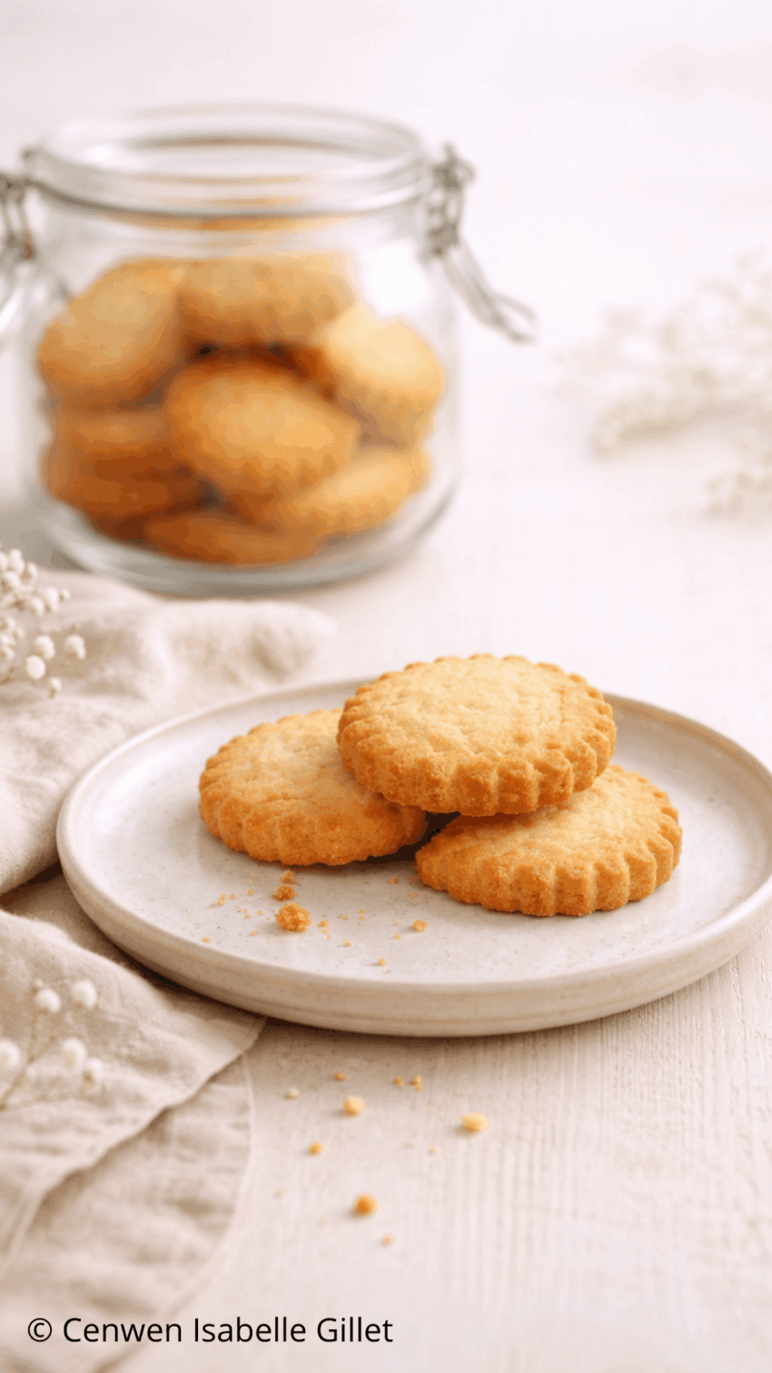 Biscuits maison dorés présentés sur une assiette, avec un bocal hermétique rempli de biscuits en arrière‑plan, illustrant leur conservation pour préserver fraîcheur et croustillant.