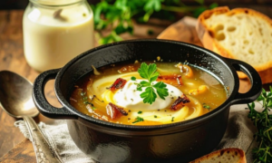 Bol de soupe à l’oignon gratinée, dorée et réconfortante, recette petit budget.