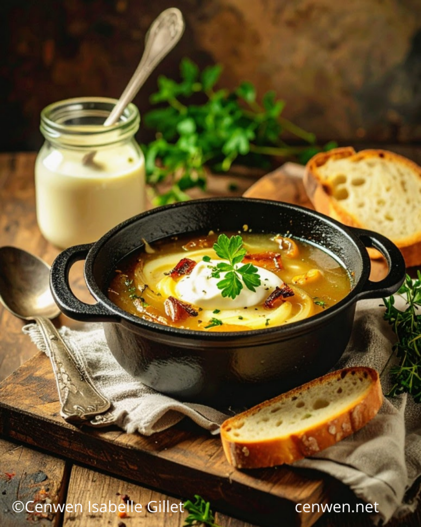 Bol de soupe à l’oignon gratinée, dorée et réconfortante, recette petit budget.
