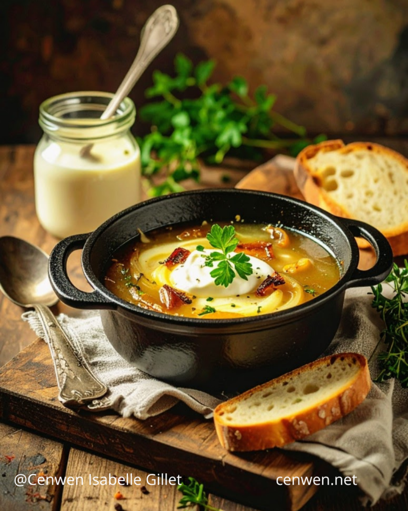 Bol de soupe à l’oignon gratinée, dorée et réconfortante, recette petit budget.