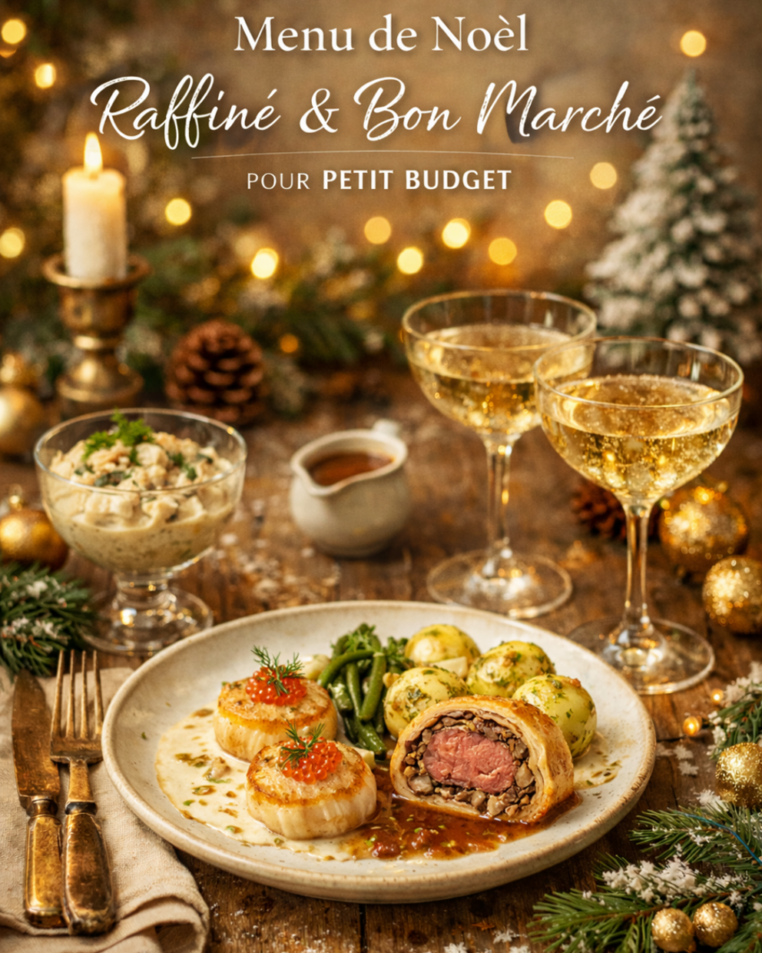 Menu de Noël pas cher : assiette festive avec noix de Saint‑Jacques, mini bœuf Wellington, haricots verts et pommes de terre rôties, servie sur une table décorée pour les fêtes.