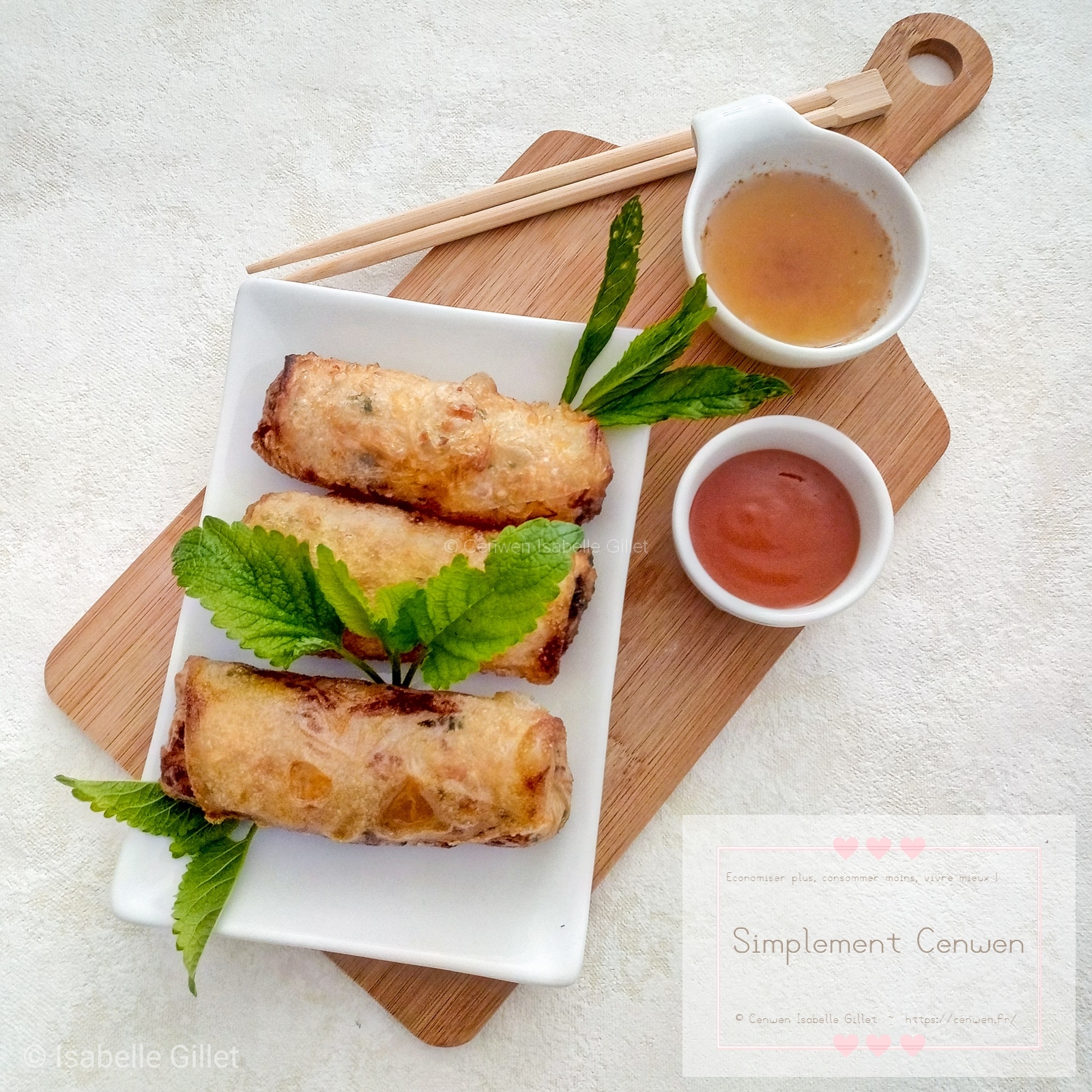 Assiette contenant plusieurs nems végétariens dorés et croustillants, accompagnés d’un petit bol de sauce pour tremper.