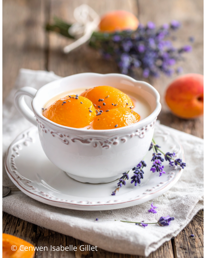 Abricots au lait d’amande parfumé à la lavande, servis bien frais avec amandes effilées.