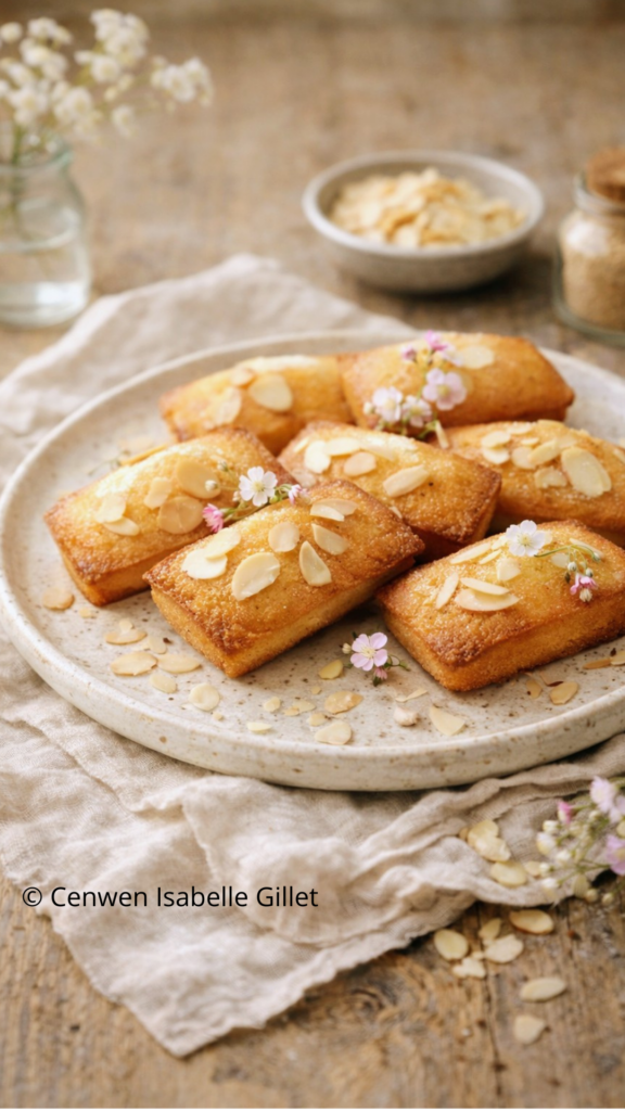 Assortiment de financiers dorés aux amandes, disposés sur une assiette en céramique, décorés de pétales de fleurs et d’amandes effilées, sur une table en bois au style naturel et lumineux.