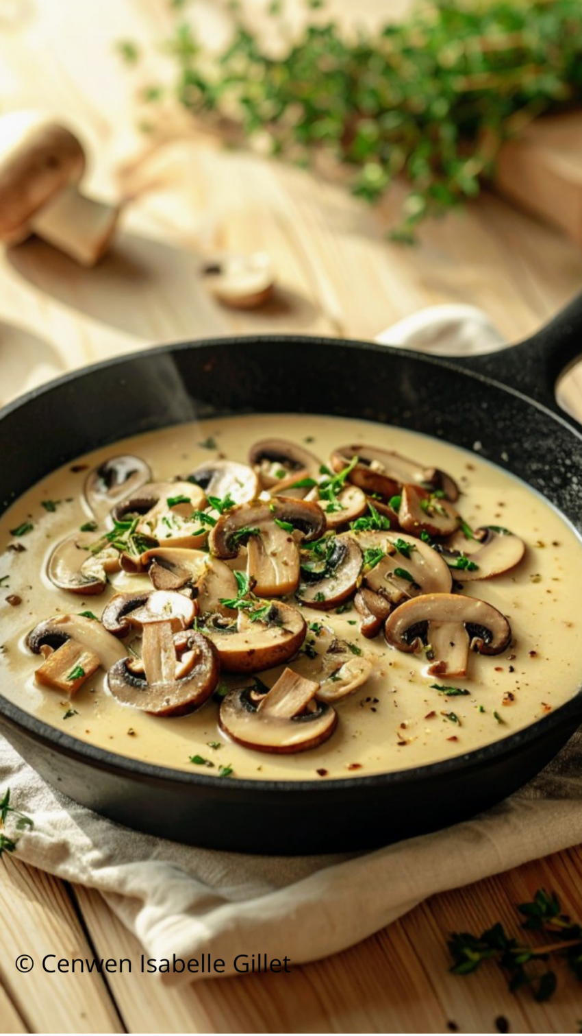Sauce aux champignons crémeuse dans une poêle, texture onctueuse.