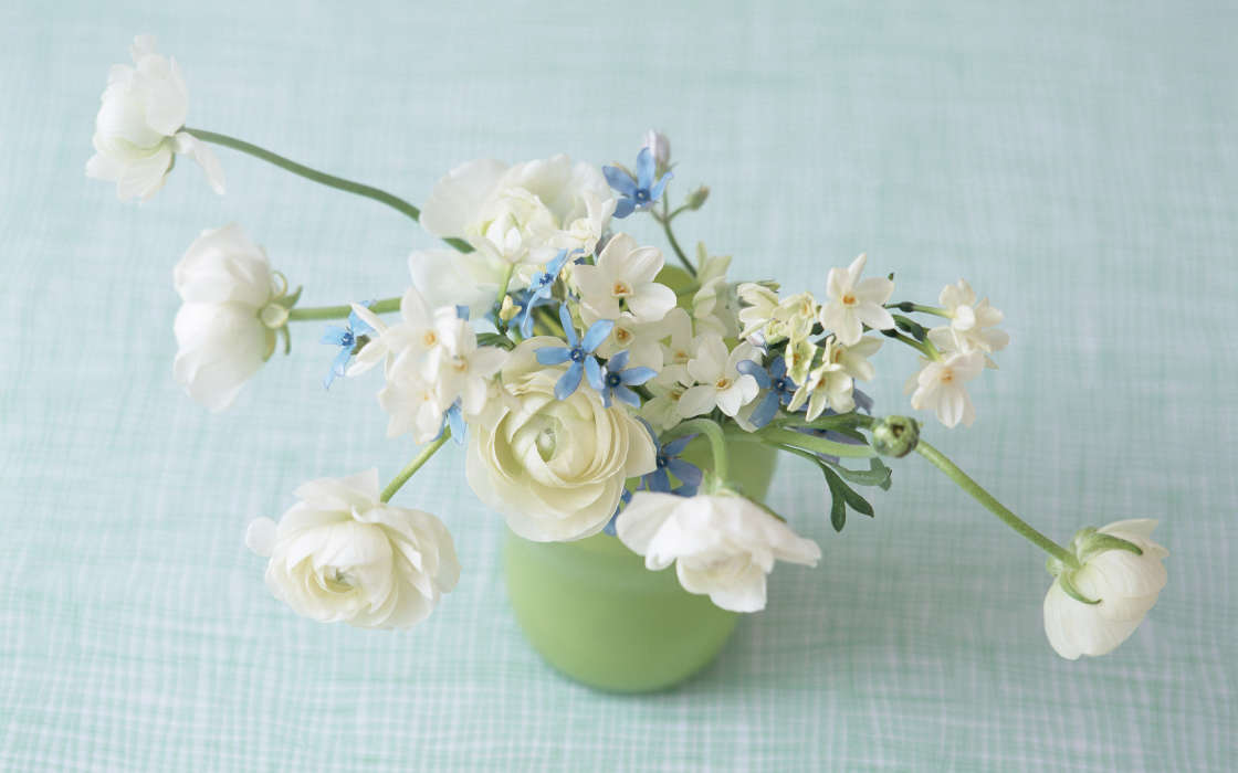 petit bouquet de fleurs blanches dans un petit vase bleu