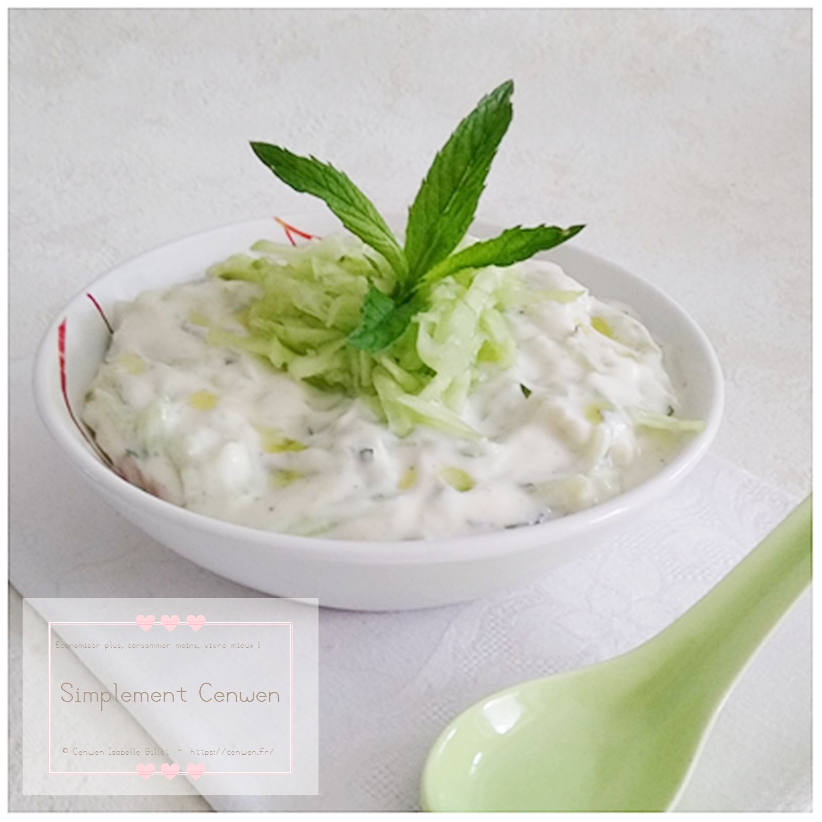 Tzatziki végétal crémeux avec concombre râpé et menthe fraîche.
