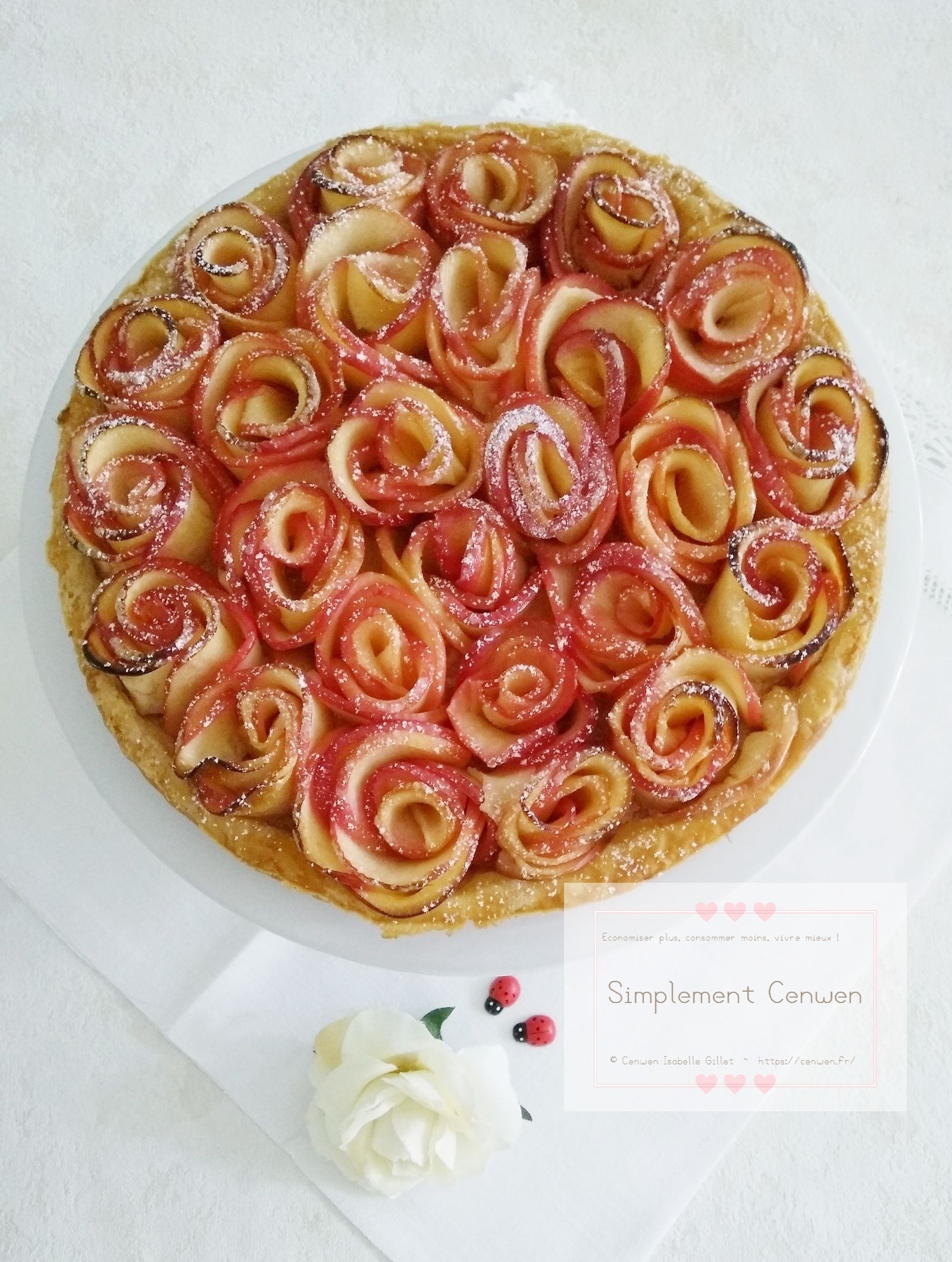 Tarte aux pommes décorée de fines lamelles roulées en roses, légèrement saupoudrée de sucre glace.