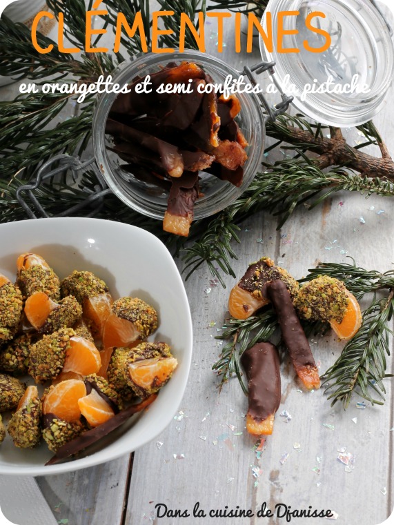 Clémentines et orangettes confites au chocolat et aux pistaches dans un bol blanc