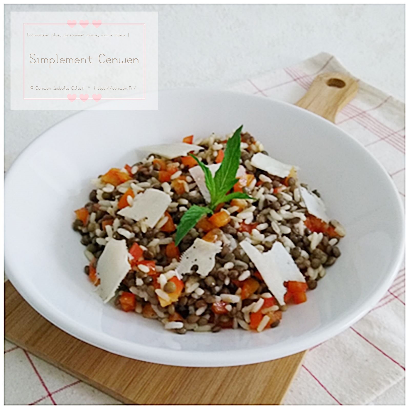 Salade composée avec riz, lentilles, poivron rouge et dés de tome de brebis.