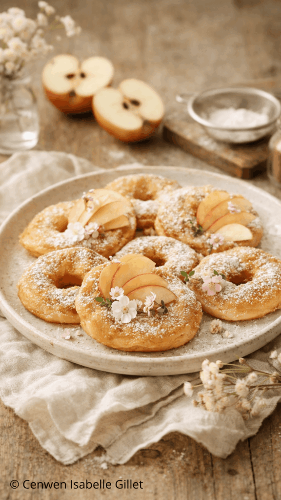 Beignets aux pommes dorés, saupoudrés de sucre glace, présentés sur assiette rustique avec tranches de pomme et fleurs, photo culinaire de qualité