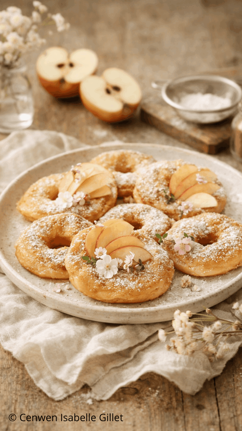 Beignets aux pommes dorés, saupoudrés de sucre glace, présentés sur assiette rustique avec tranches de pomme et fleurs, photo culinaire de qualité