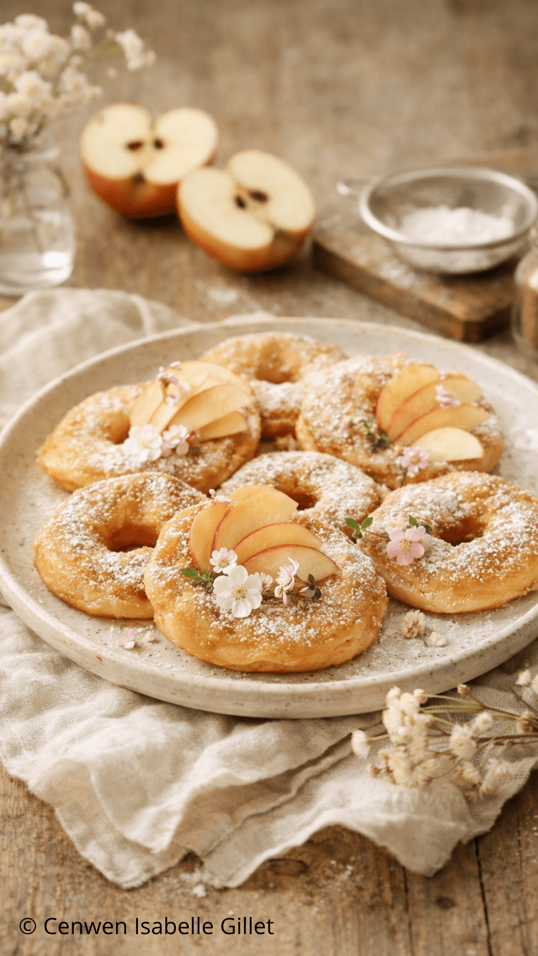 Beignets aux pommes dorés, saupoudrés de sucre glace, présentés sur assiette rustique avec tranches de pomme et fleurs, photo culinaire de qualité
