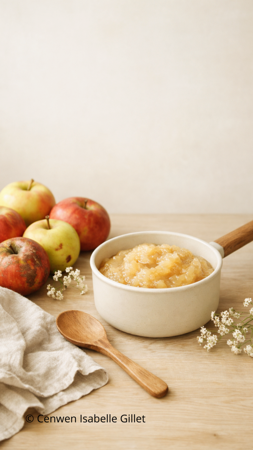 casserole de compote de pommes maison, à la texture dorée et légèrement rustique, entouré de pommes fraîches, d’un linge en lin et d’un petit bouquet de fleurs, dans une ambiance douce et naturelle.