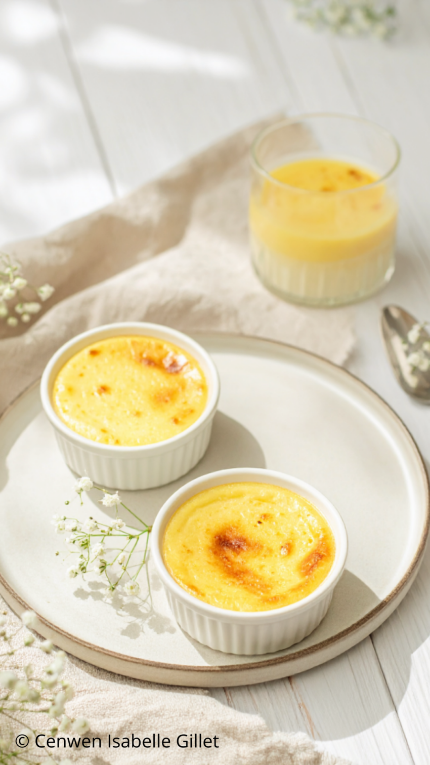 Crème prise au four, dessert maison, légèrement dorée, servie dans des ramequins sur une assiette claire avec une lumière naturelle.