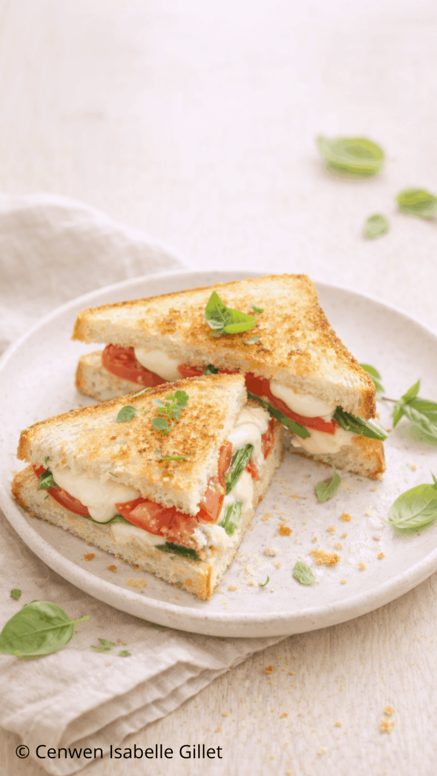 Croque italien doré garni de tomate, mozzarella fondante et basilic frais, servi sur une assiette.