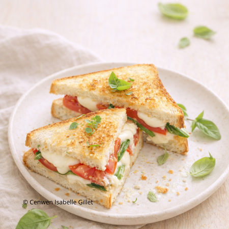 Croque italien doré garni de tomate, mozzarella fondante et basilic frais, servi sur une assiette.