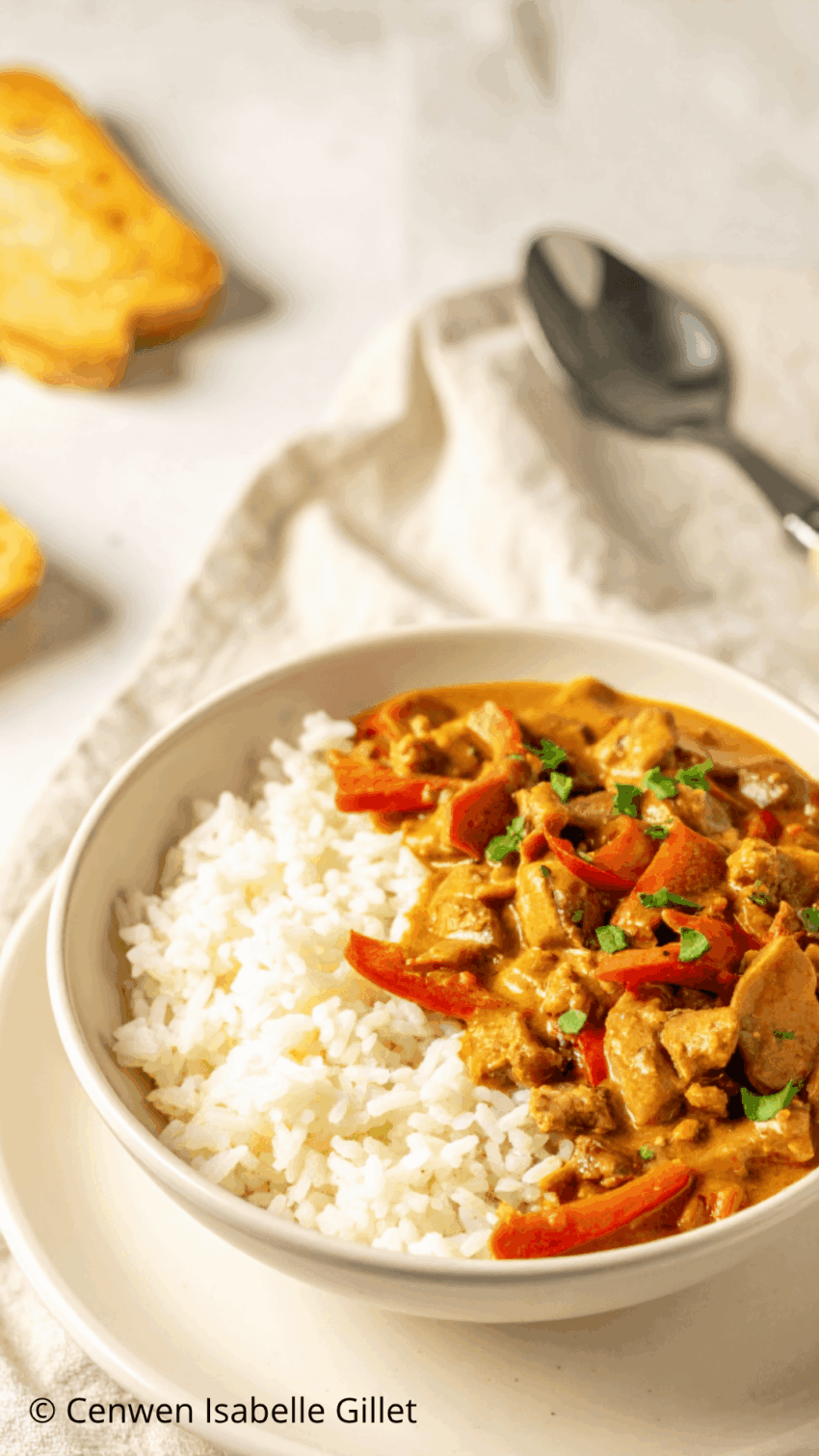 Bol d’émincé de porc Stroganoff servi avec du riz, nappé d’une sauce crémeuse aux légumes et garni de persil frais.