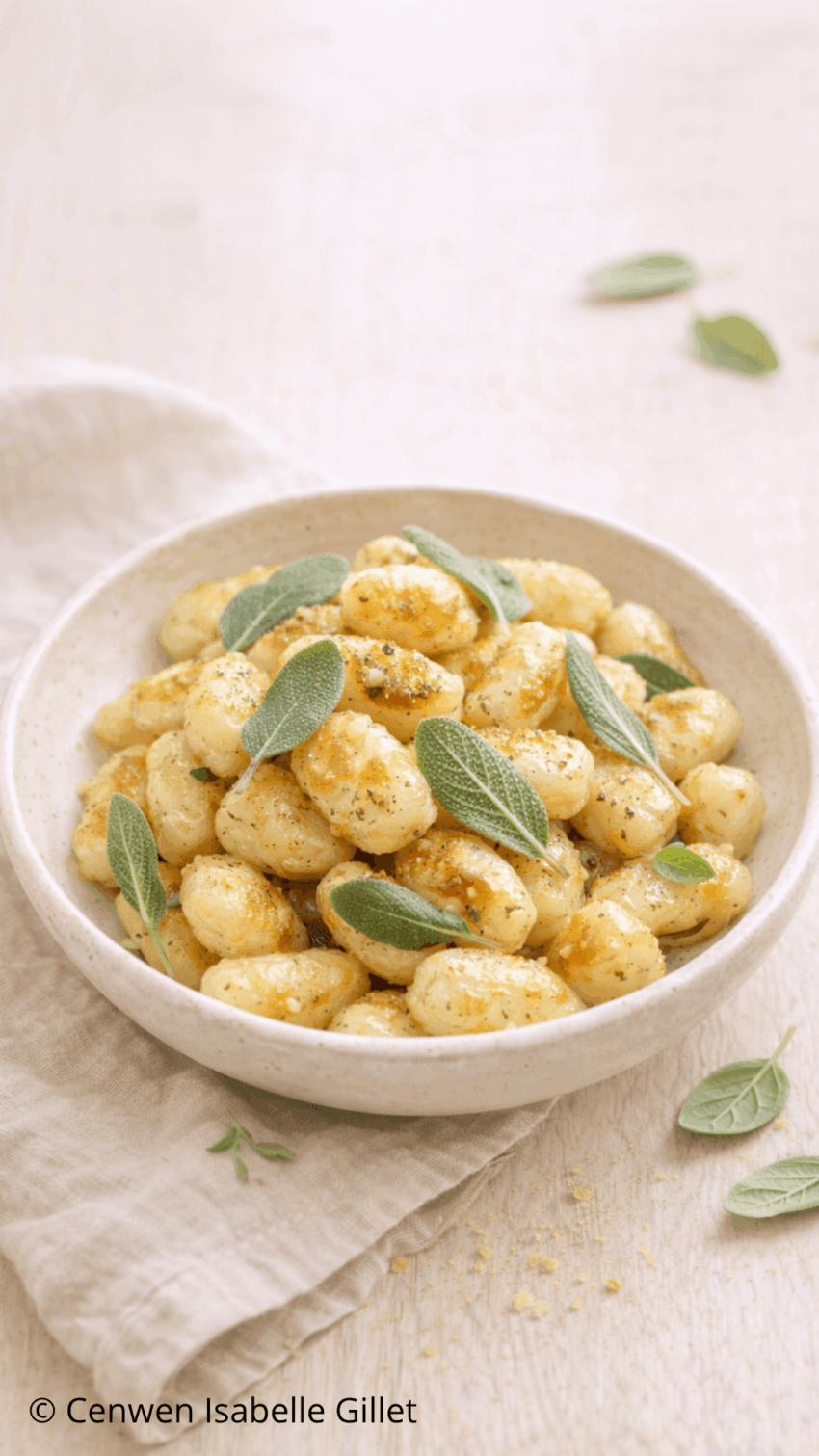 Gnocchettis maison nappés de beurre de sauge, servis dans un bol et parsemés de feuilles de sauge fraîches.
