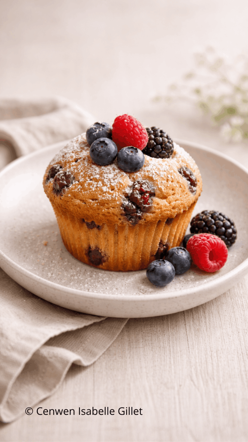 Muffin doré aux fruits rouges, saupoudré de sucre glace et garni de baies fraîches, présenté sur une assiette claire pour une photo culinaire lumineuse.