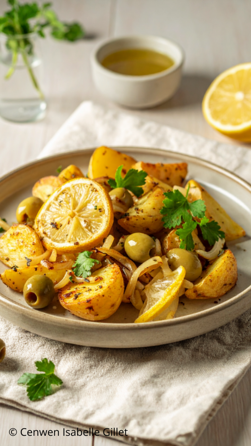 Tajine de pommes de terre aux olives et au citron, servi dans une assiette