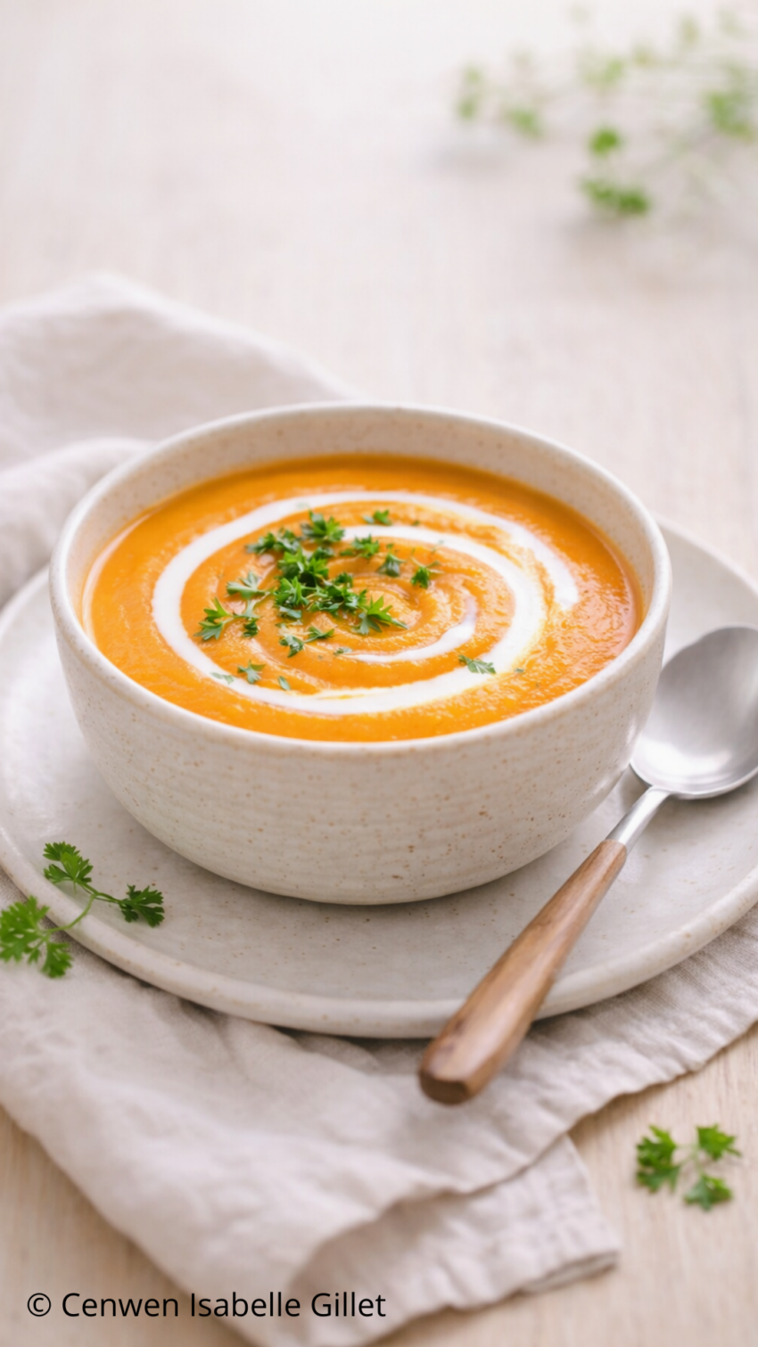 Bol de soupe de carottes orange crémeuse garni de crème et de persil, présenté sur une assiette avec une cuillère.
