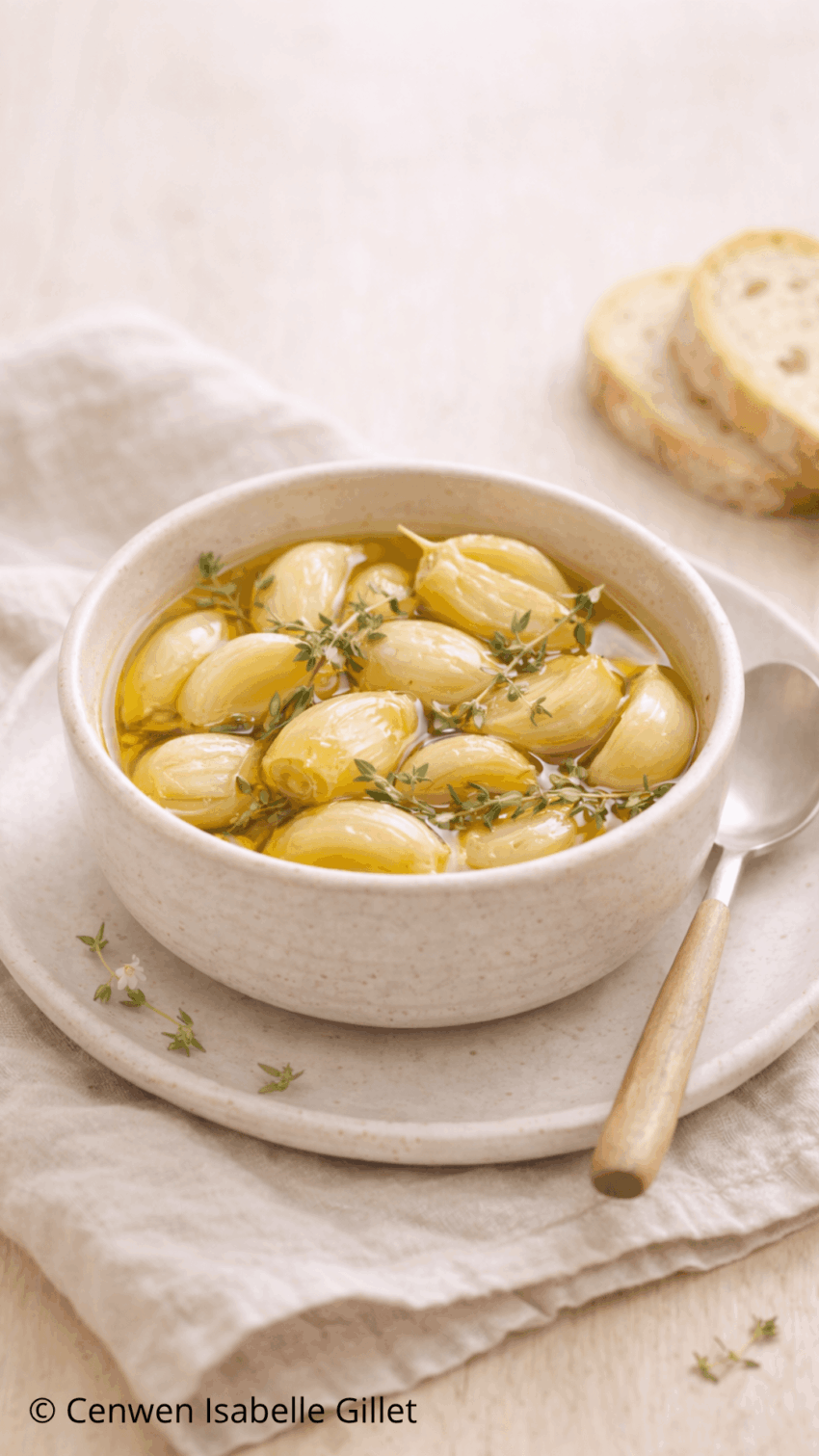 Ail confit dans un bol, gousses fondantes dans l’huile d’olive avec sauge et piment