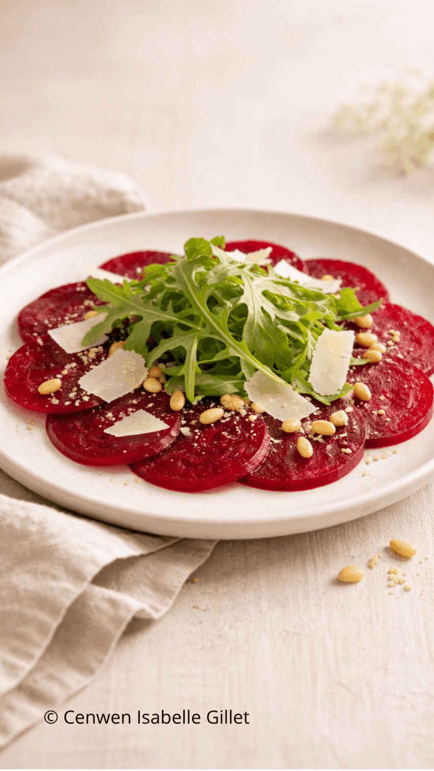 Carpaccio de betteraves en fines tranches, roquette, pignons de pin et copeaux de parmesan, présenté en assiette blanche pour une photo culinaire nette et lumineuse.