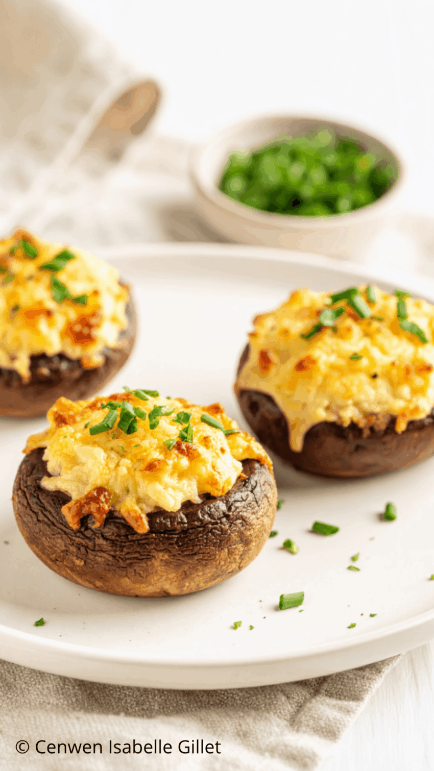 Champignons farcis au jambon gratinés, garnis d’une farce crémeuse et d’herbes fraîches, présentés sur une assiette blanche.