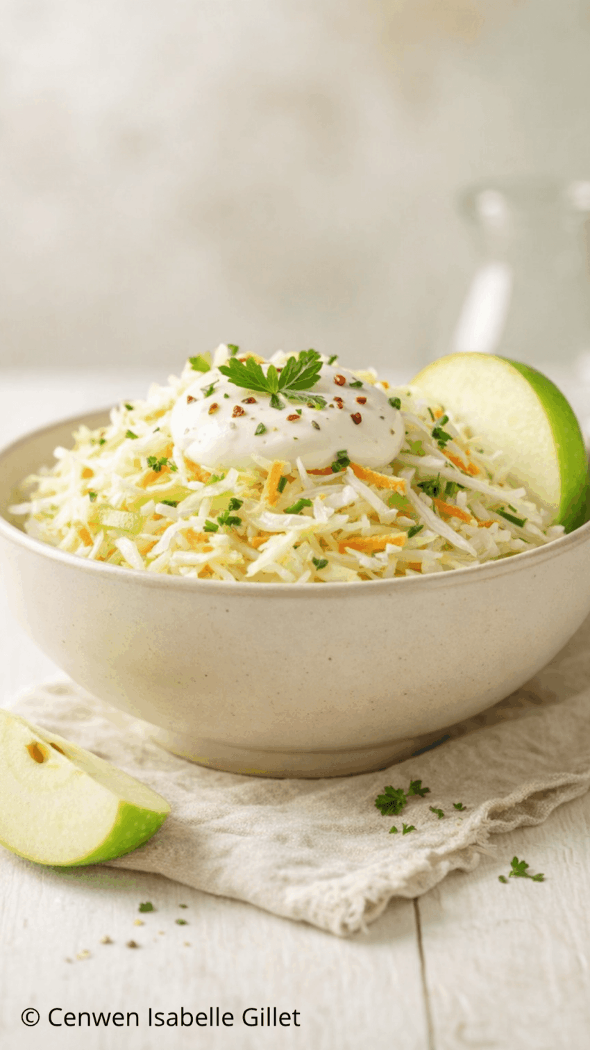 Coleslaw à la pomme Granny‑Smith avec chou blanc et carottes râpés, servi dans un bol avec sauce crémeuse aux herbes et tranche de pomme en garniture.