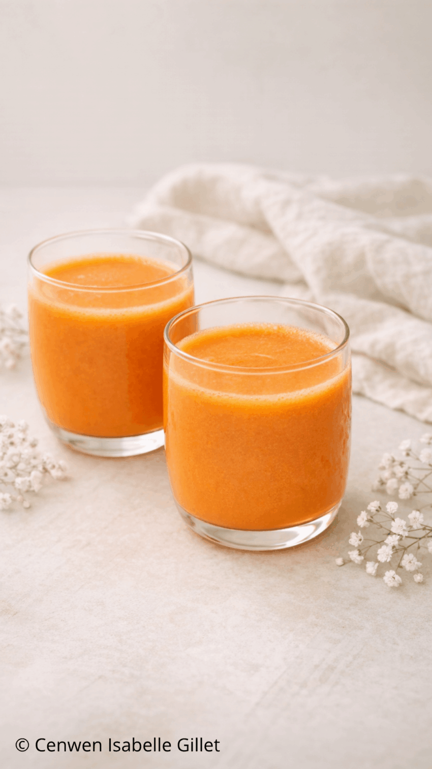 Jus de carotte au gingembre servi dans deux verres, boisson orange fraîche et vitaminée posée sur une table claire avec quelques fleurs blanches