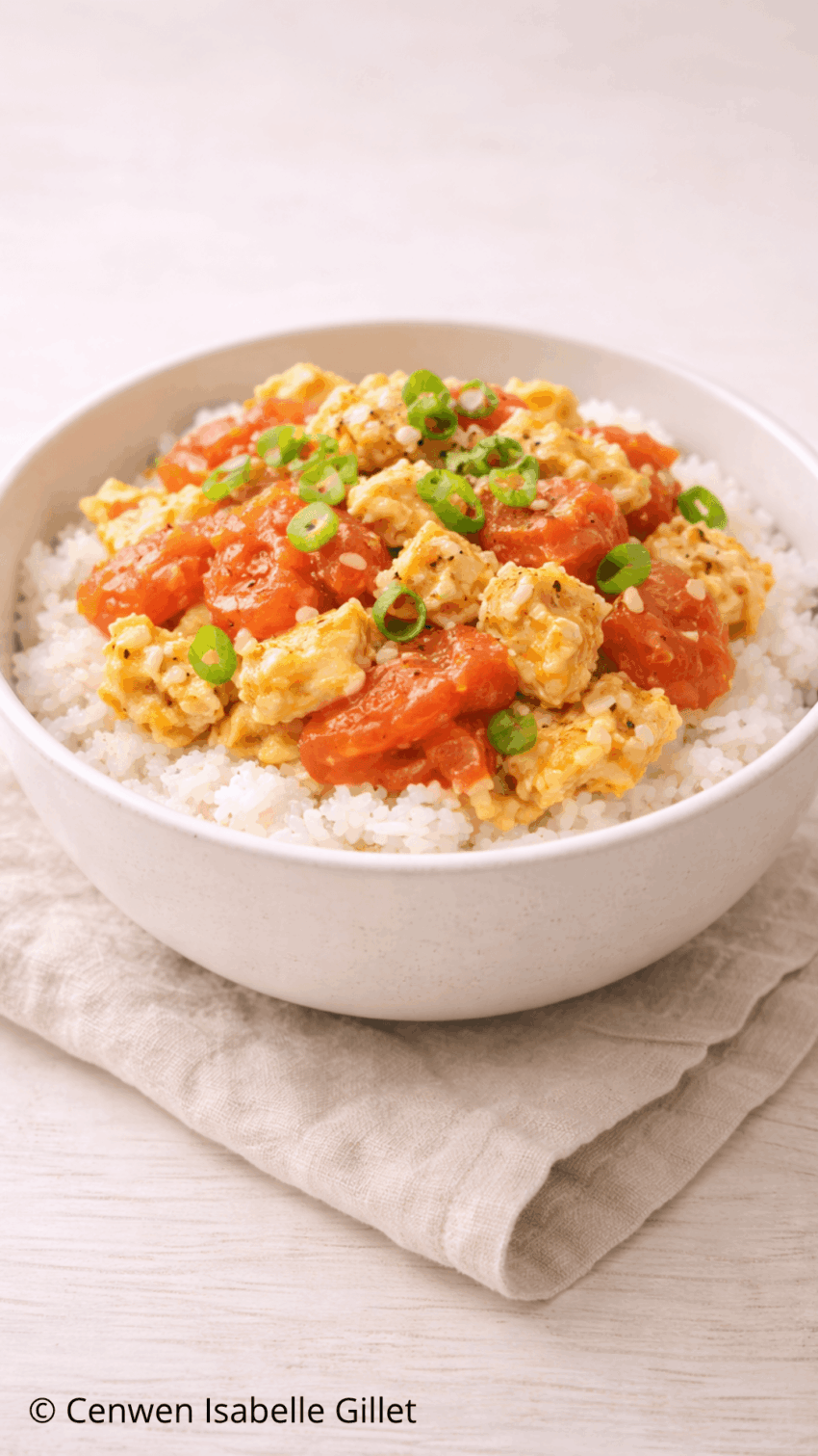 Omelette à la tomate avec morceaux de tomate fondante, servie chaude avec du riz.