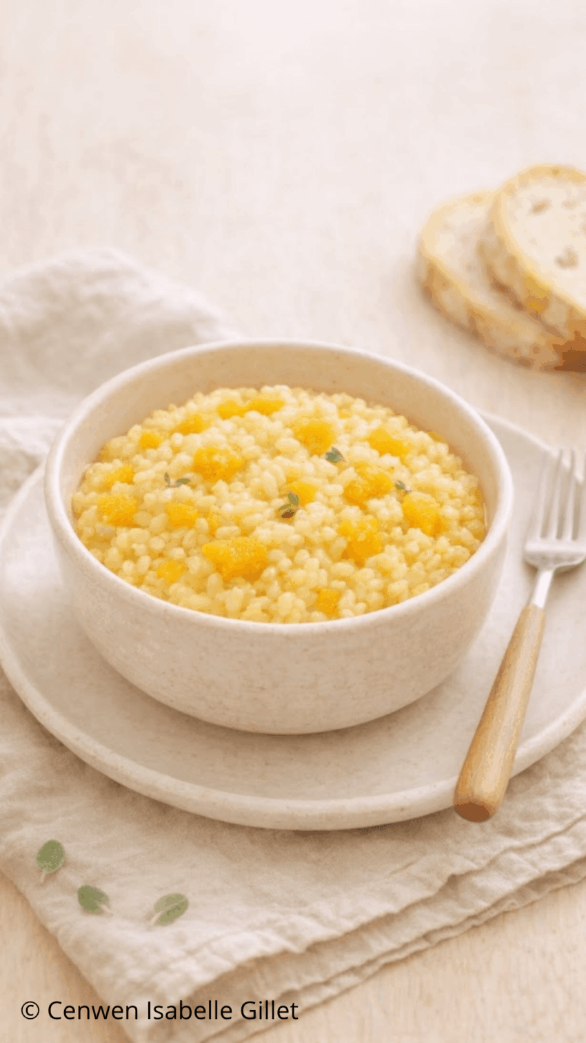Risotto au potiron et à la sauge, plat crémeux avec riz, potiron fondant et parmesan