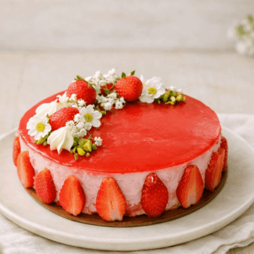 Entremets à la mousse de fraises au mascarpone avec glaçage miroir rouge, décoré de fraises fraîches, de chantilly et de petites fleurs blanches.
