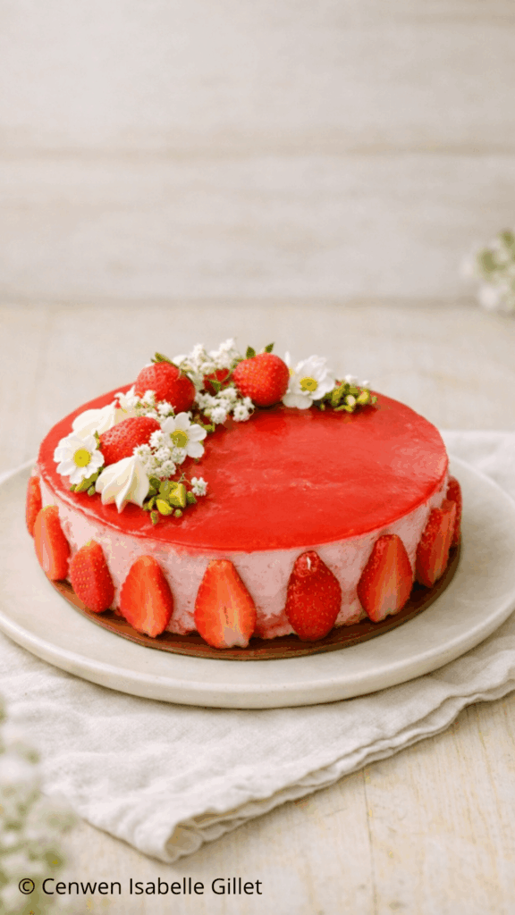 Entremets à la mousse de fraises au mascarpone avec glaçage miroir rouge, décoré de fraises fraîches, de chantilly et de petites fleurs blanches.