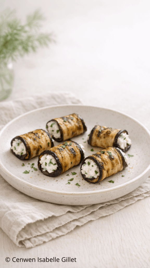Roulés d'aubergine au fromage frais sur une assiette en céramique blanche