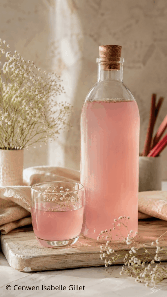 Bouteille d’eau de rhubarbe maison sur une planche en bois ancienne avec des fleurs blanches en décoration