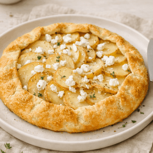 Tarte aux pommes de terre et à la feta sur un plat blanc,