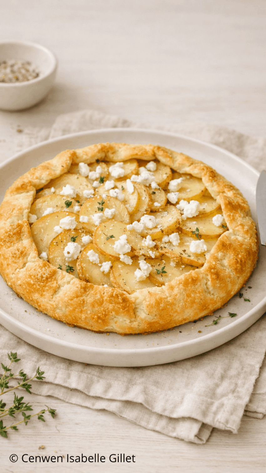 Tarte aux pommes de terre et à la feta sur un plat blanc,