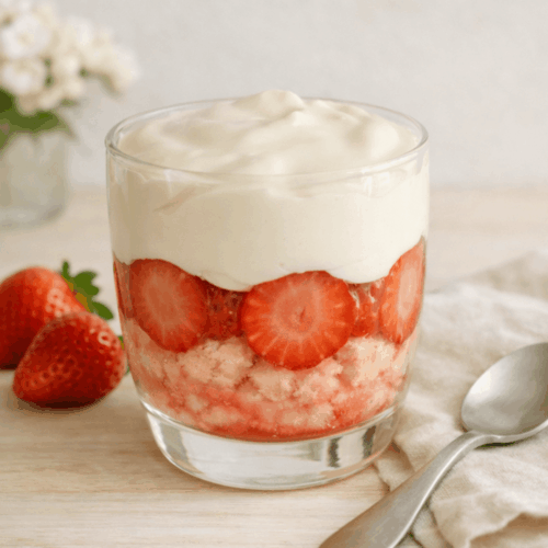 Verrine de tiramisu printanier aux fraises fraîches et à la brioche rassise, crème mascarpone légère.