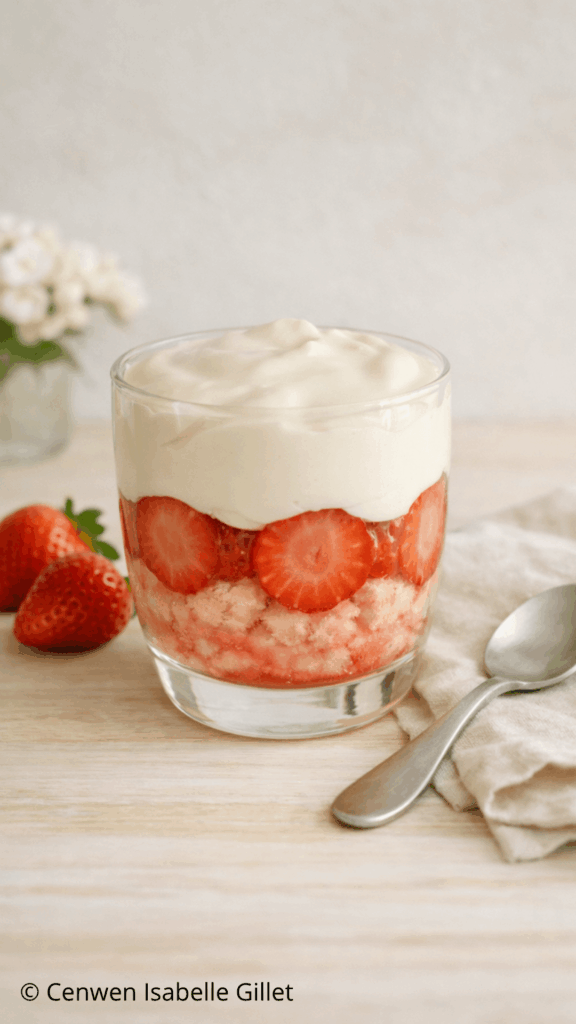Verrine de tiramisu printanier aux fraises fraîches et à la brioche rassise, crème mascarpone légère.