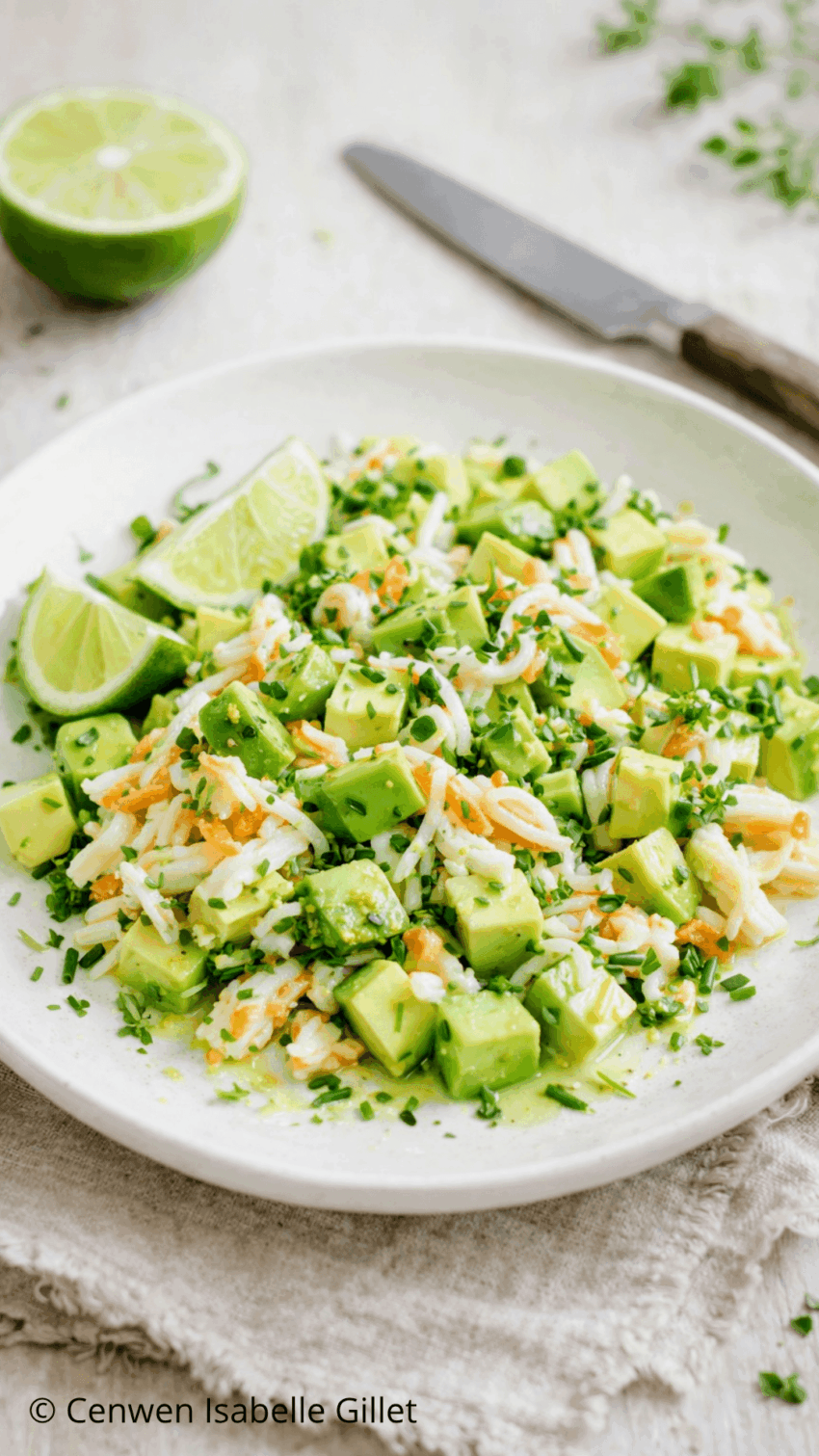 Salade fraîcheur d'avocat et surimi au citron vert et surimi dans une assiette claire.