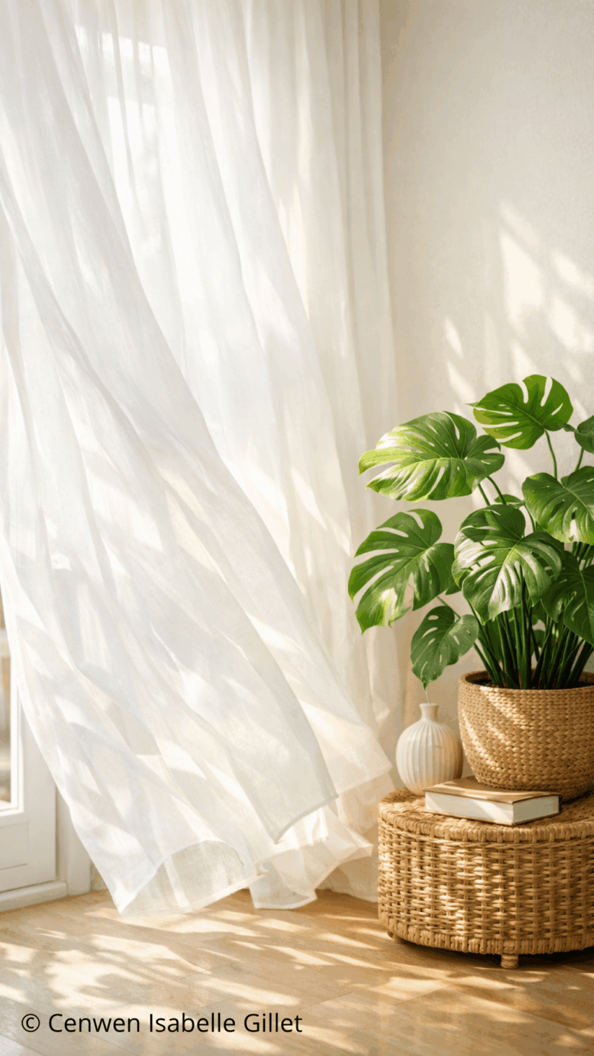 Rideaux blancs transparents flottant dans la brise d'une fenêtre ensoleillée, à côté d'une plante Monstera en pot sur un tabouret en osier, avec des ombres au sol.