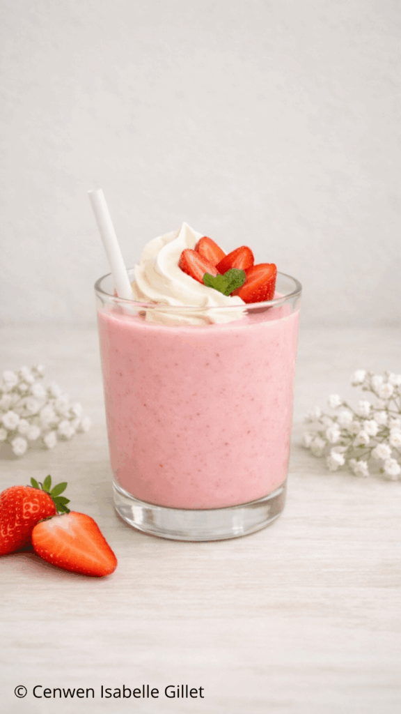 Un verre de milk-shake rose onctueux à la fraise, décoré de crème fouettée, de fraises fraîches et d'une paille blanche.