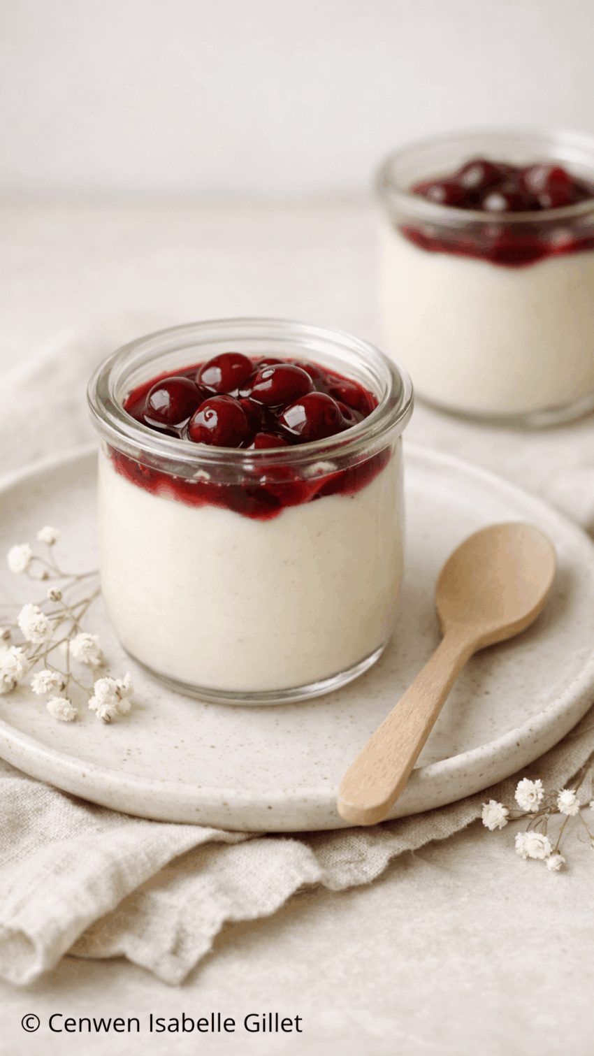 Petits pots de crème au lait d'amande nappés de cerises amarena au sirop, présentés dans un pot en verre sur une assiette en céramique blanche avec une cuillère en bois.