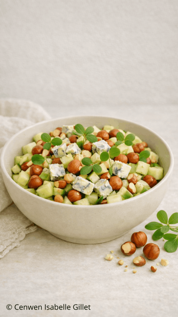 Salade de concombre au Bleu d'Auvergne, noisettes grillées et feuilles de pourpier frais servie dans un bol.